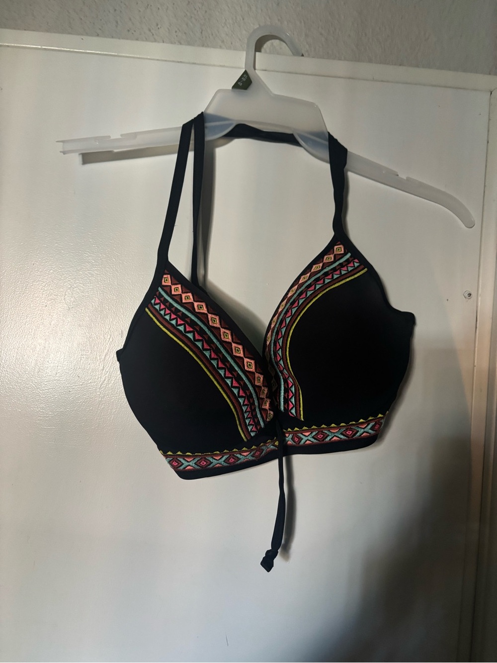 Black Embroidered Halter Bikini Top with Tribal Trim